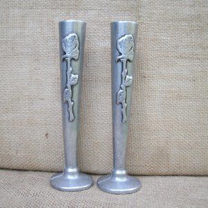 Vintage Cast Craft Pewter Bud Vase Pair Rose Design
